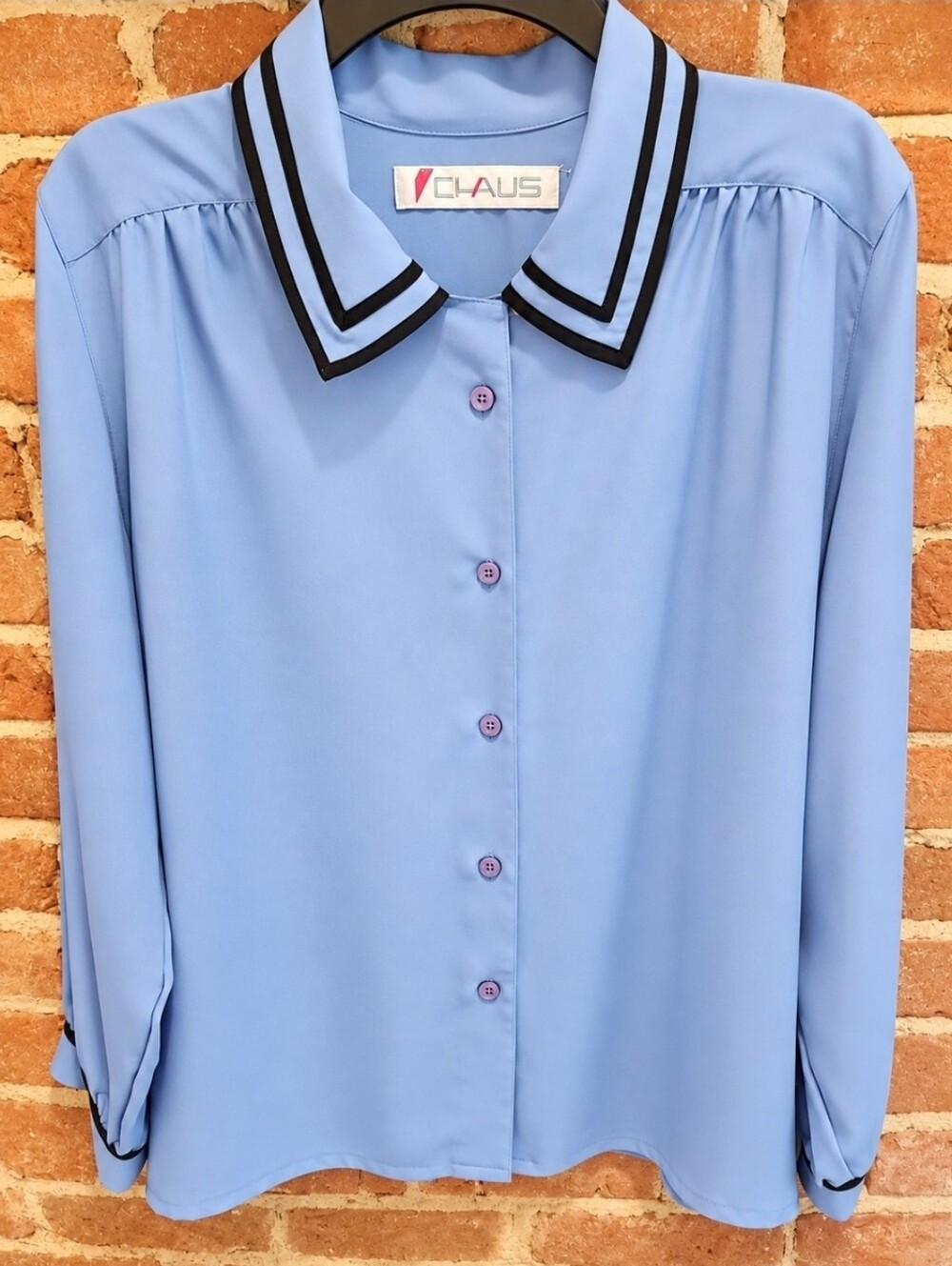 CLAUS Blue Blouse Black Trim Button Front Top